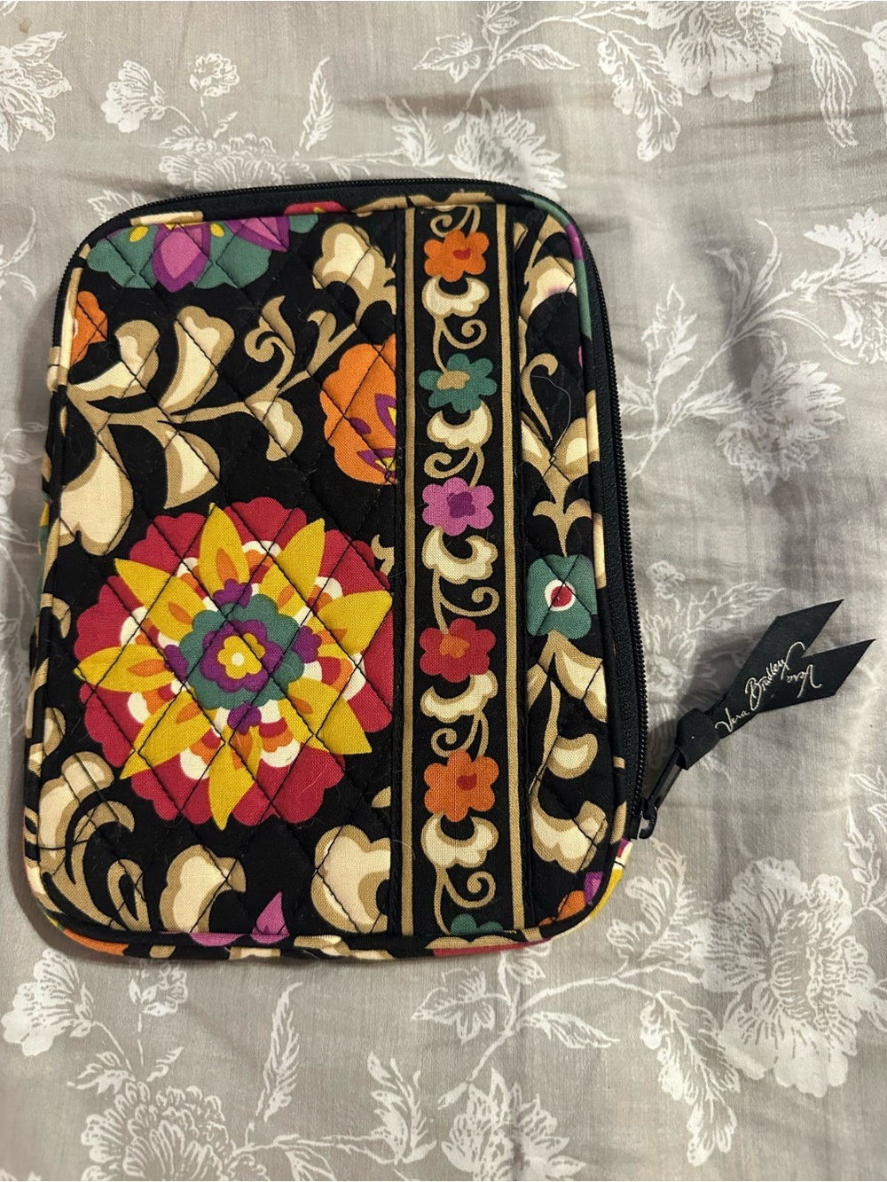 Vera Bradley Black Floral Quilted Tech Sleeve with Multicolor Blooms
